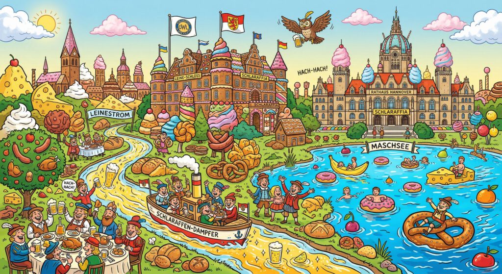 Buntes Schlaraffia Wimmelbild von Hannover mit der Leineburg (20), Leineschloss, Altem Rathaus und Maschsee. Ein Schlaraffen-Dampfer auf der Leine, eine Uhu-Statue, Brezeln, Bier und Süßigkeiten säumen das Ufer. Ein satirischer Blick auf die Hannovera (20)