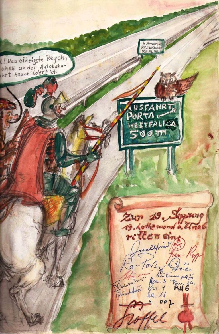 Schlaraffische Karikatur: Ein Ritter reitet auf der A2 an der Ausfahrt Porta Westfalica vorbei, mit Uhu auf dem Schild und Sprechblase.
