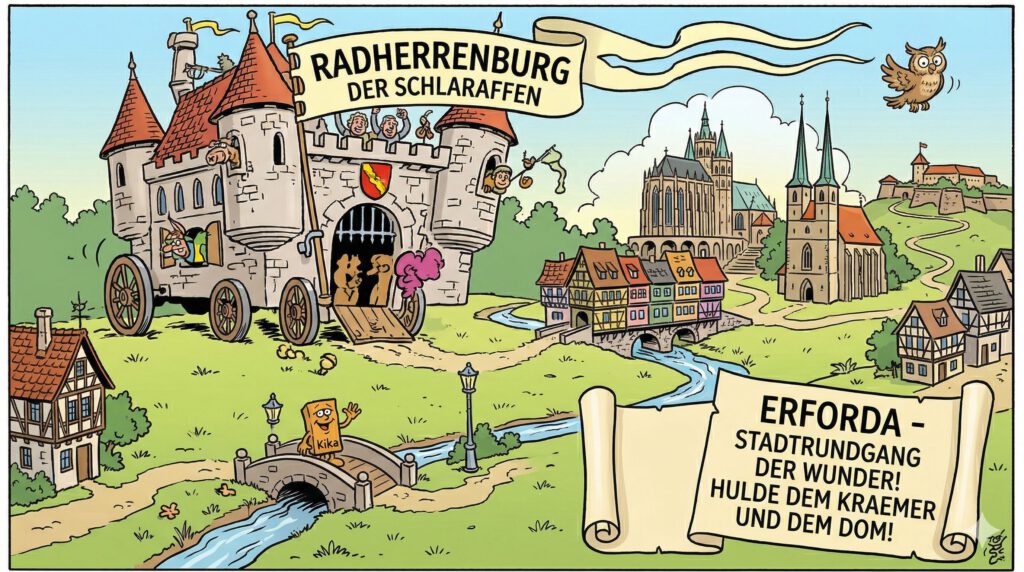 Buntes Schlaraffia Wimmelbild von Erfurt mit der fahrbaren Radherrenburg (109), Krämerbrücke und Dom. Die Burg auf Rädern wird von Schlaraffen besetzt, Kika-Figur auf der Brücke. Ein satirischer Blick auf Erforda (109).