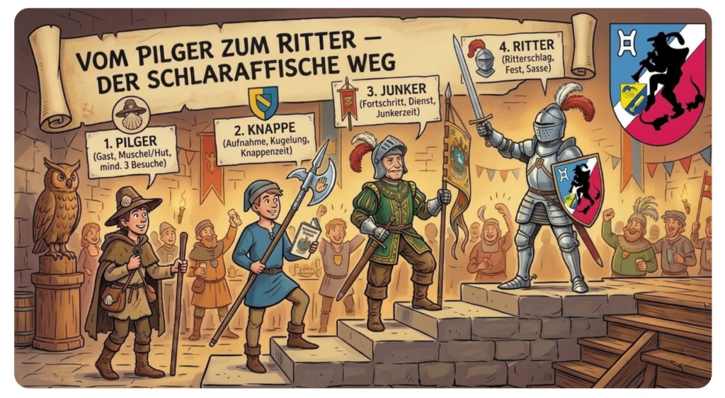 Titel: Illustration "Vom Pilger zum Ritter – Der Schlaraffische Weg" Gesamtbeschreibung: Eine farbenfrohe, im Cartoon-Stil gehaltene Illustration, die den hierarchischen Aufstieg innerhalb der Vereinigung „Schlaraffia“ darstellt. Die Szene spielt in einer mittelalterlichen Burg-Atmosphäre mit Steinstufen, Fackeln und einer feiernden Menge im Hintergrund. Detaillierte Elemente: Der Stufenweg: Vier männliche Figuren symbolisieren den Fortschritt von links nach rechts auf einer Steintreppe: Pilger: Ein junger Mann in einfacher brauner Kleidung mit Wanderstab und Muschel am Hut. Knappe: In blauer Tunika, eine Hellebarde und ein Buch ("Vademecum") haltend. Junker: In prunkvoller grün-goldener Tracht mit Federbarett und Schwert. Ritter: Ein Krieger in glänzender Vollrüstung, der ein Schwert hochhält und einen Schild mit dem Schlaraffia-Wappen trägt. Informationstext: Über den Figuren schwebt ein langes Pergamentbanner mit der Überschrift „VOM PILGER ZUM RITTER – DER SCHLARAFFISCHE WEG“. Einzelne Textfelder erläutern die Etappen (z.B. „1. Pilger: Gast, Muschel/Hut“, „4. Ritter: Ritterschlag, Fest, Sasse“). Wappen (oben rechts): Ein heraldisches Wappen, geviertelt mit Symbolen: oben links ein blaues Feld mit Hausmarke, oben rechts eine schwarze Maus auf rotem Grund, unten links eine Laute auf gelbem Grund mit blauem Balken, unten rechts schwarze Streifen auf weißem Grund. Atmosphäre: Links steht eine hölzerne Eule auf einer Säule. Im Hintergrund jubeln Menschen in mittelalterlichen Gewändern und halten Krüge in die Höhe. Die Beleuchtung ist warm und einladend.