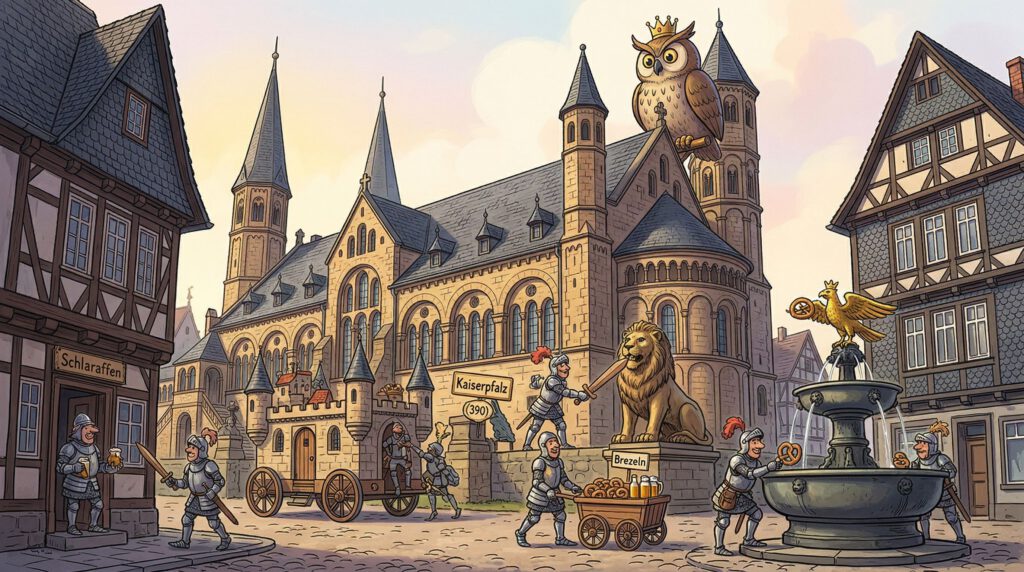 untes Schlaraffia Wimmelbild von Goslar mit der Kaiserpfalz (390), der fahrbaren Burg, Schieferhäusern und dem Marktbrunnen. Ein satirischer Uhu mit Krone sitzt auf dem Turm, Schlaraffen interagieren humorvoll. Ein Freundschaftsreych der Ob der Hamel (336).
