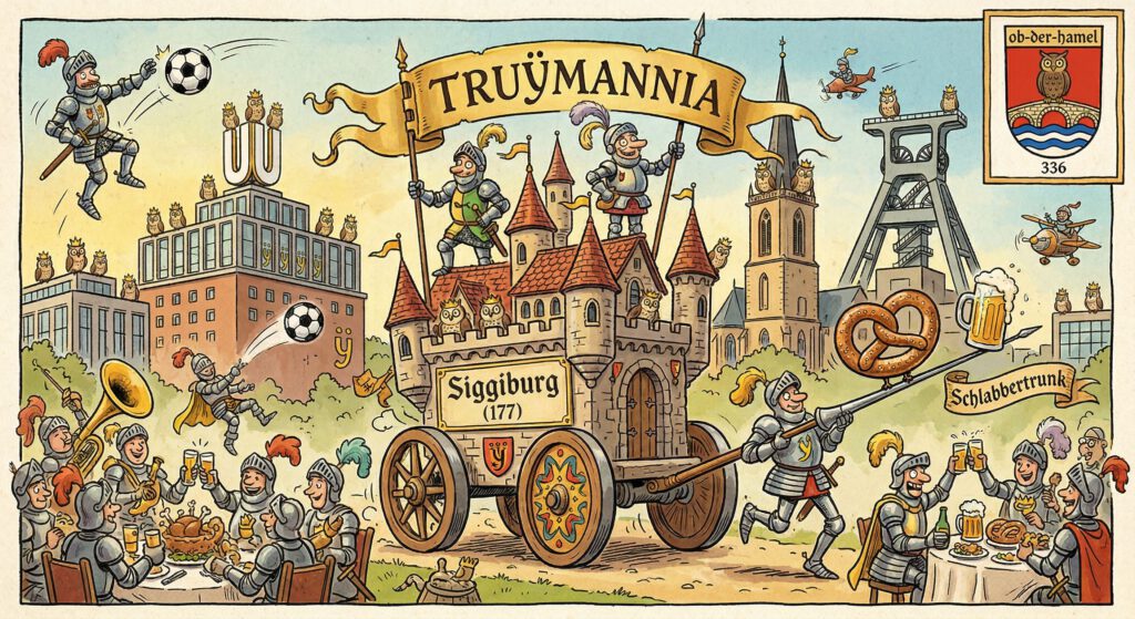 Buntes Schlaraffia Wimmelbild von Dortmund mit der Siggiburg (177), Dortmunder U, Reinoldikirche und Bergbau-Förderturm. Ein Ritter zielt mit Fußball auf das U, andere Ritter feiern ritterliche Freundschaft in der Truÿmannia (177). Oben rechts das Wappen der Ob der Hamel (336). Ein tief verbundenes Freundschaftsreych.