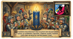 Eine brennende blaue Stumpenkerze mit goldener Aufschrift „Kerze der Freundschaft“ vor dunklem Hintergrund.