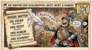 Comic-Illustration eines lachenden Schlaraffen-Ritters in einer Burg. Statt eines Schwertes schwingt er eine riesige, weiße Gänsefeder. Aus seinem Mund fließen bunte Musiknoten und der Schriftzug „Schlaraffia“. Links im Bild zeigt ein Pergament die wahren Waffen: Feder, Geist, Humor und das Zierschwert. Oben rechts ist das Wappen „ob der Hamel 336“ zu sehen.