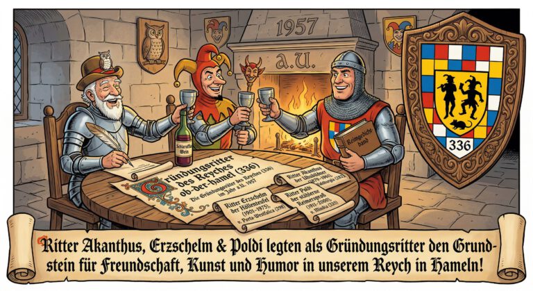 „Drei Ritter in einer bunten Comic-Illustration. Die Ritter tragen verschiedene Rüstungen, Helme mit Federbüschen und führen Lanzen sowie ein Schwert mit sich. Humorvolle, zeichnerische Darstellung.“