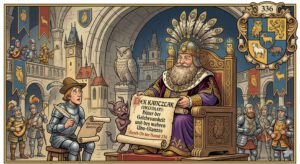 Humorvolle Zeichnung des Kanztlars der Schlaraffia Ob der Hamel (336) im Ornat mit Federkiel und Urkunde.