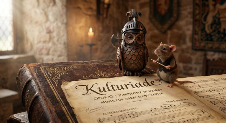 Illustration der Kulturiade Hameln mit einer Eule im Ritterhelm und einer Ratte mit Taktstock auf einem Notenblatt.