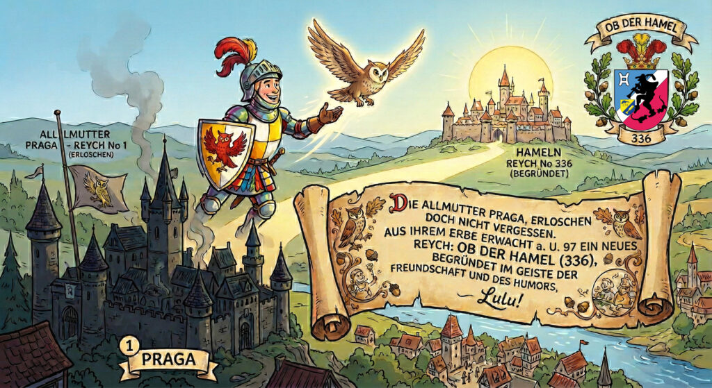 Historisches Siegel der Allmutter Praga mit Prager Brückenturm und schlaraffischen Symbolen