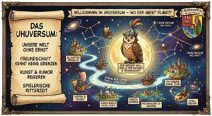 Eine detailreiche Comic-Weltkarte des schlaraffischen Uhuversums in einer Weltraum-Optik. In der Mitte thront der Große Uhu vor einem leuchtenden Vollmond. Ein blauer Lichtstrom („Strom der Lethe“) verbindet verschiedene fliegende Inseln wie die „Allmutter Praga“ und die „Ratteburg Hamel“. Links erläutert ein großes Pergament die Grundwerte: Welt ohne Ernst, Freundschaft, Kunst, Humor und ritterliches Spiel.