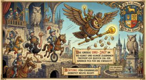 Illustration eines fliegenden Uhus bei der Jagd auf eine Maus, Schlaraffia Symbolik für die Homepage Ob der Hamel 336.