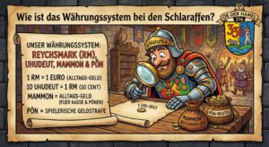 Comic-Illustration eines Schlaraffen-Ritters in Rüstung, der mit einer Lupe eine kleine Münze (einen Uhudeut) auf einem Pergament untersucht. Im Hintergrund ist eine Burgszene mit Uhu-Symbolen und feiernden Sassen zu sehen. Oben rechts prangt das Wappen des Reyches „ob der Hamel (336)“.