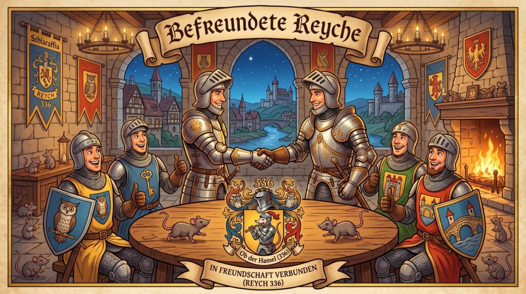 Illustriertes ritterliches Beitragsbild im Comic-Stil: Zwei Schlaraffen-Ritter in Rüstung geben sich die Hand über einem Tisch. Darauf liegt das Original-Wappen der Schlaraffia Ob der Hamel (Reych 336) mit Rattenfänger und Nummer. Mehrere Ritter mit unterschiedlichen Wappen schauen zu; überall im Raum laufen kleine Ratzen herum.