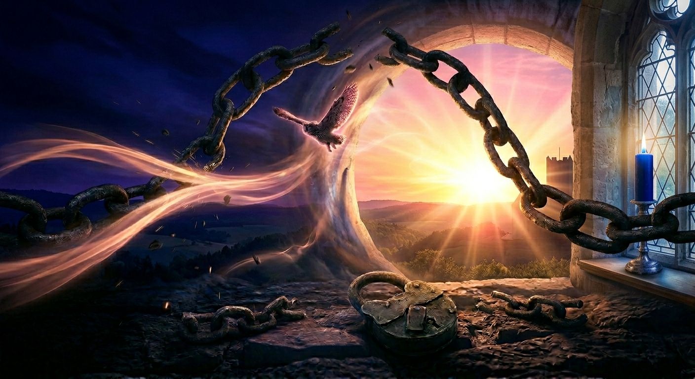 Schlaraffia Blaue Kerze Tradition: Ein Uhu fliegt aus der Dunkelheit gesprengter Ketten dem Sonnenaufgang entgegen, im Fenster leuchtet die blaue Kerze der Freundschaft.